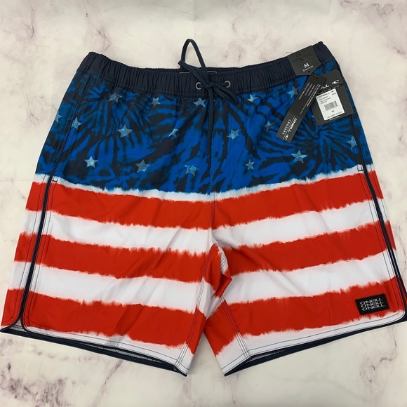 O'NEILL Yes Toucan Red White Blue Mens Water Resistant Stretch Volley Shorts M